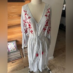 Zara White & Blue Striped with Red Embroidered Swim Coverup